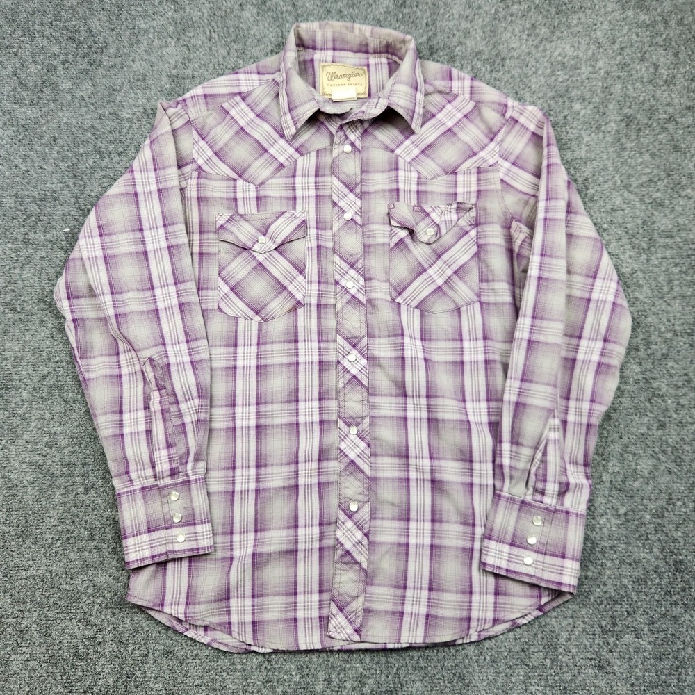Wrangler‎ Western Shirt Mens Medium Purple Plaid Pearl Snap Long Sleeve Cowboy